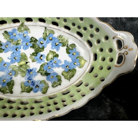 Antique Hand-Painted Porcelain Reticulated Serving Tray With Blue Floral Design - Picture 5 of 11